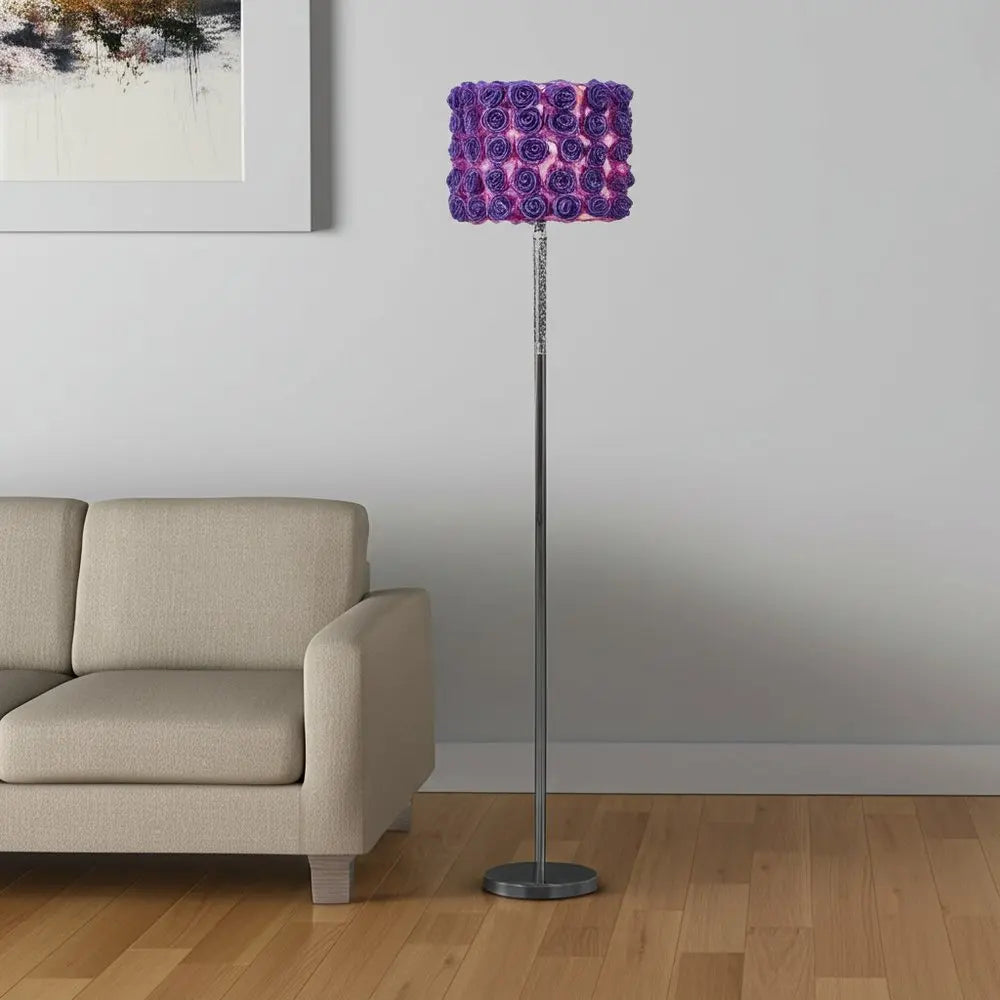 63" Steel and Acrylic Floor Lamp With Purple Flowers Fabric Drum Shade HomeRoots