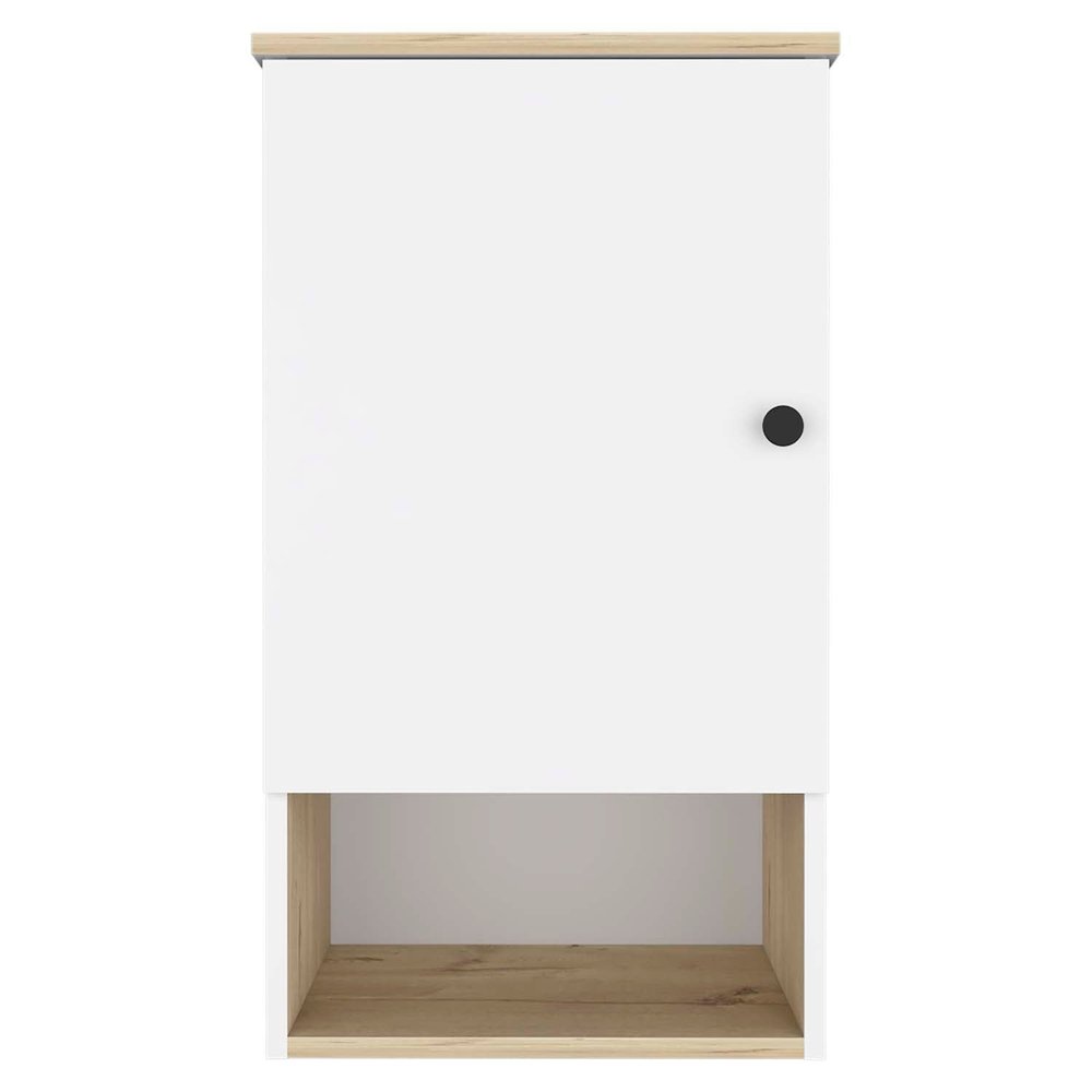 Armario de pared de 16" en roble claro y blanco con tres estantes