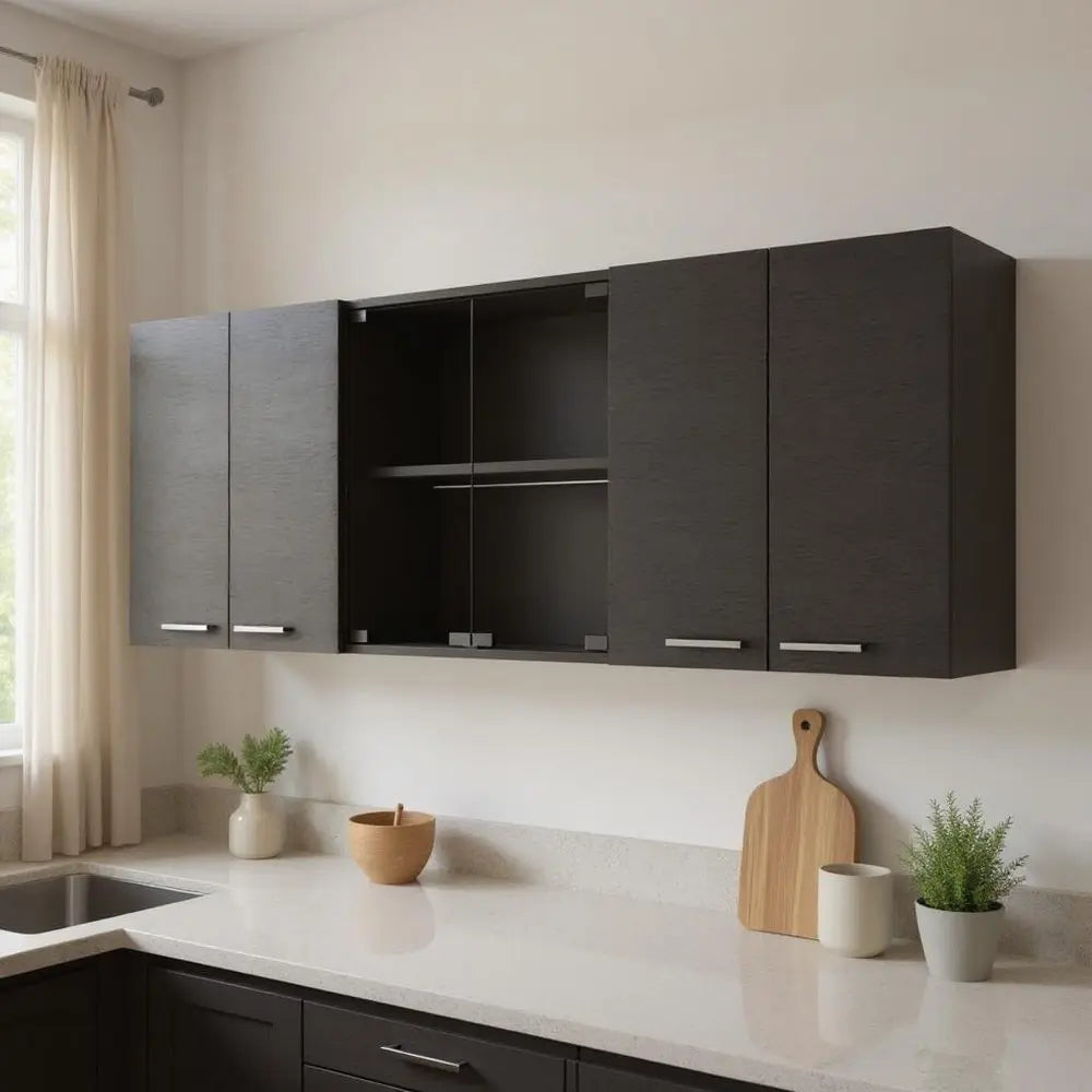 59" Black Wood Wall Mounted China Cabinet With Six Doors HomeRoots