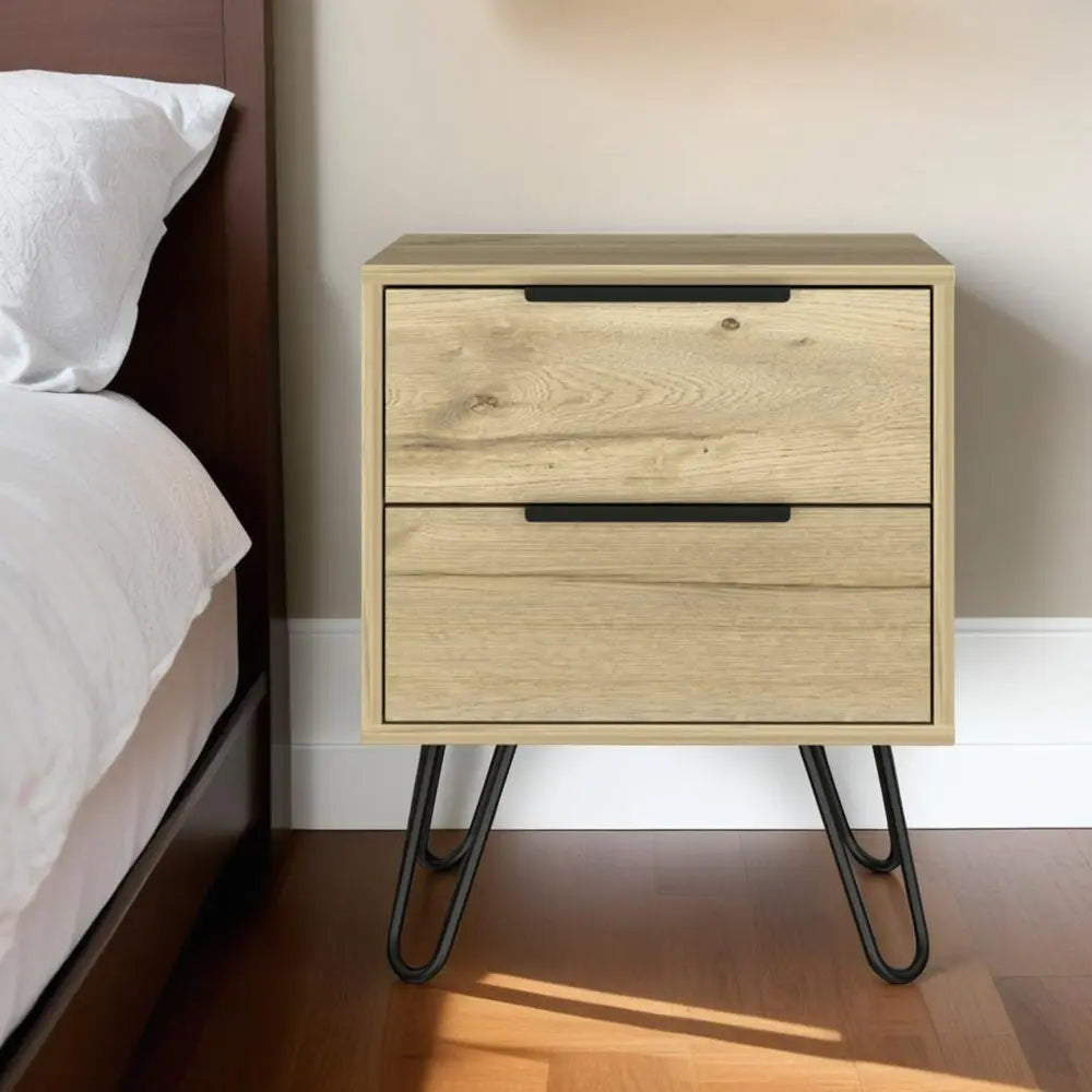 22" Oak Wood Two Drawer Nightstand HomeRoots