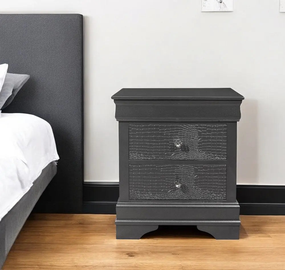 24" Gray Wood Shagreen Two Drawer Nightstand HomeRoots