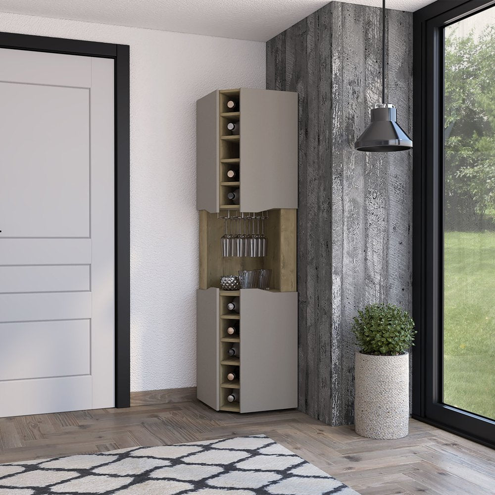 Mueble bar esquinero de madera marrón y gris topo de 183 cm con cuatro puertas