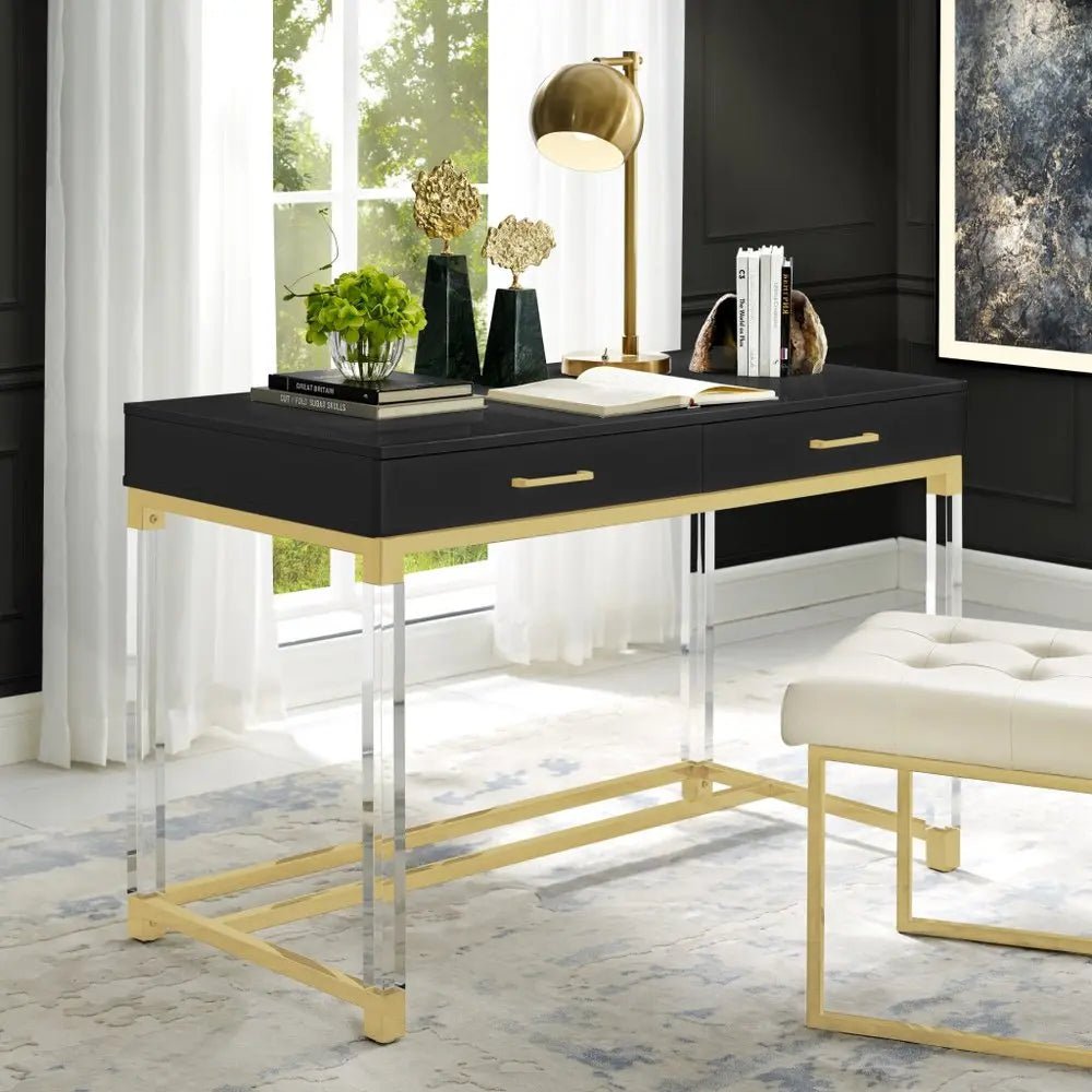 48" Black Clear and Gold Wood Acrylic and Stainless Steel Writing Desk With Two Drawers - NOBLE HOME INTERIORS