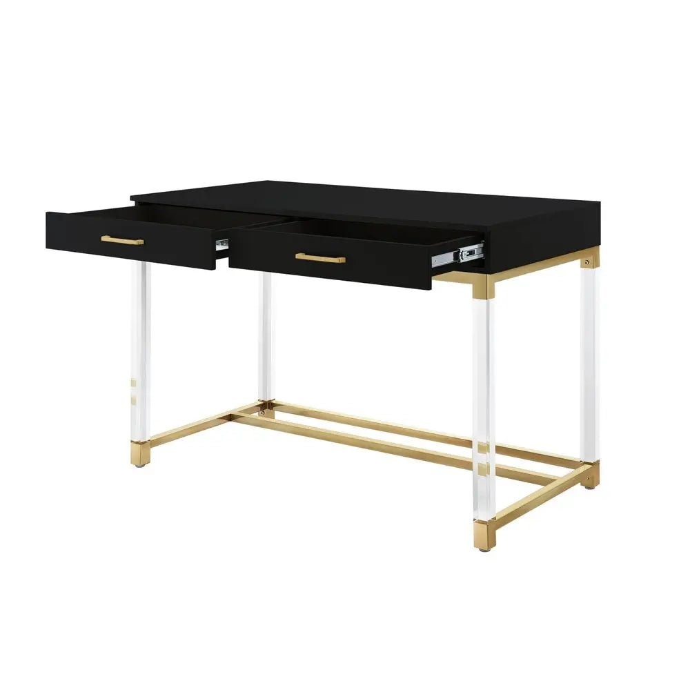 48" Black Clear and Gold Wood Acrylic and Stainless Steel Writing Desk With Two Drawers - NOBLE HOME INTERIORS