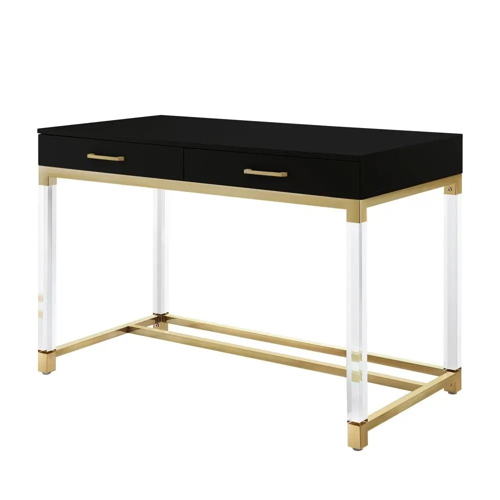 48" Black Clear and Gold Wood Acrylic and Stainless Steel Writing Desk With Two Drawers - NOBLE HOME INTERIORS