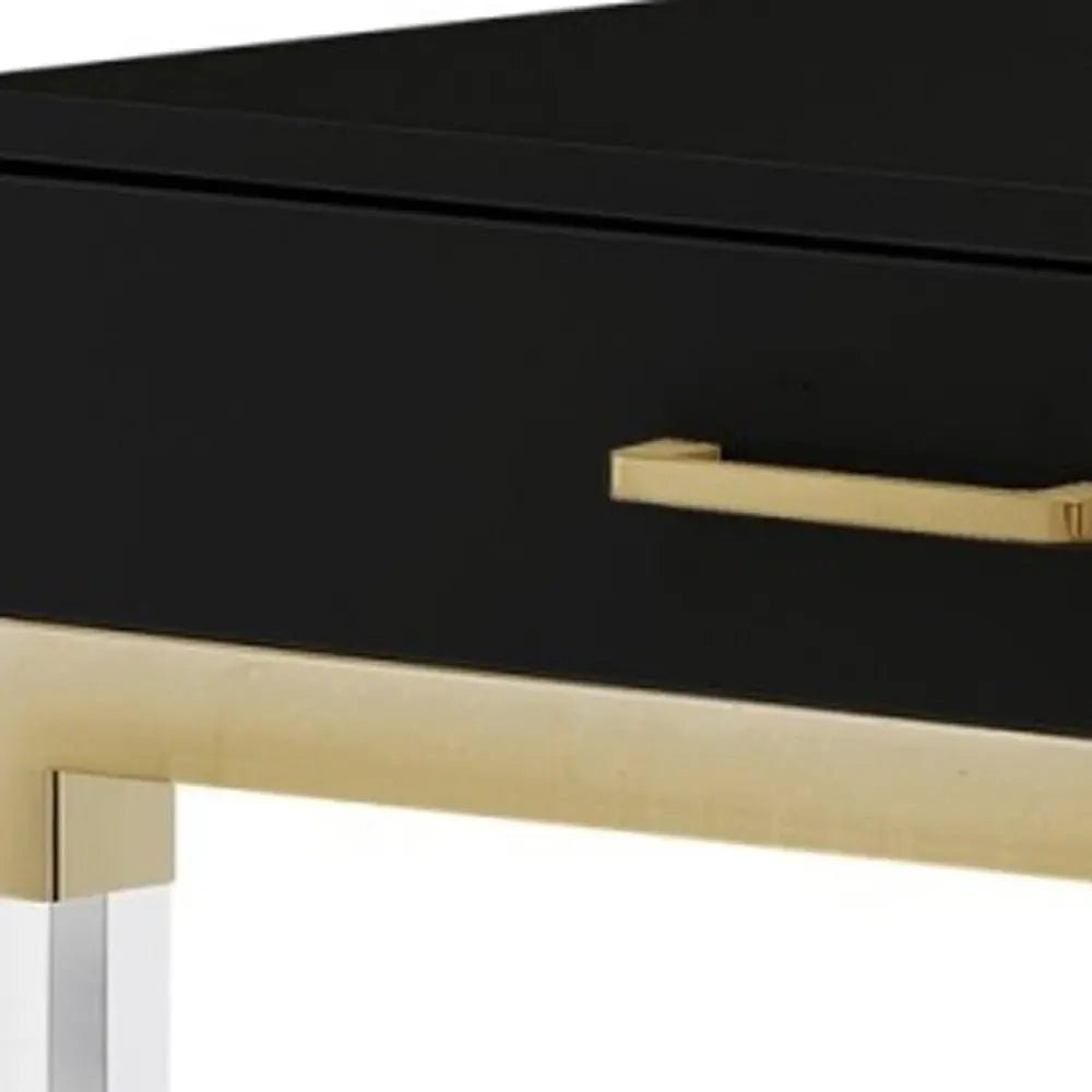 48" Black Clear and Gold Wood Acrylic and Stainless Steel Writing Desk With Two Drawers - NOBLE HOME INTERIORS