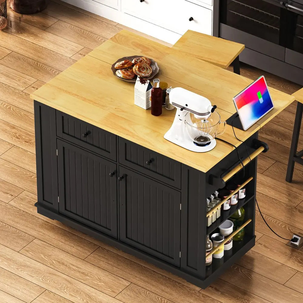 48" Black Wood Barn Door Rolling Kitchen Island With Storage With USB - NOVA HOME FURNITURE