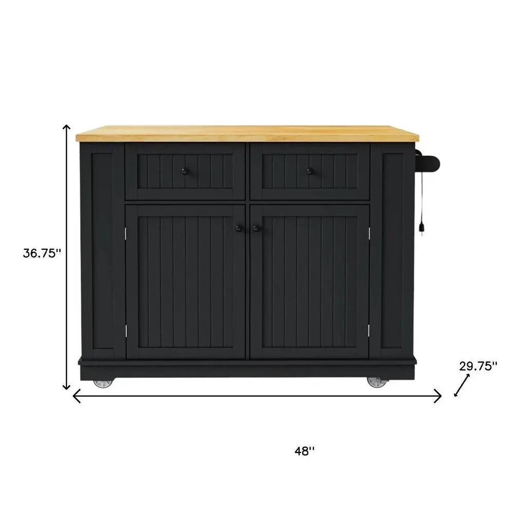 48" Black Wood Barn Door Rolling Kitchen Island With Storage With USB - NOVA HOME FURNITURE