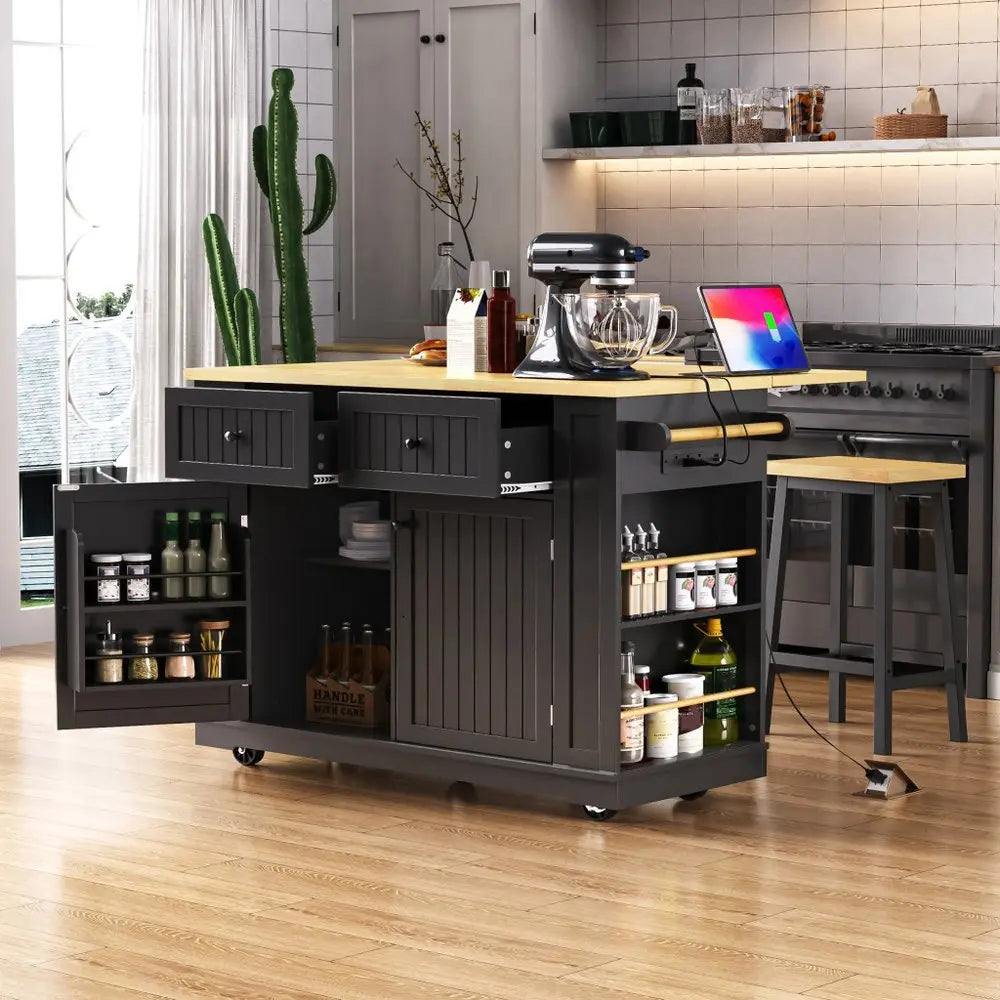 48" Black Wood Barn Door Rolling Kitchen Island With Storage With USB - NOVA HOME FURNITURE