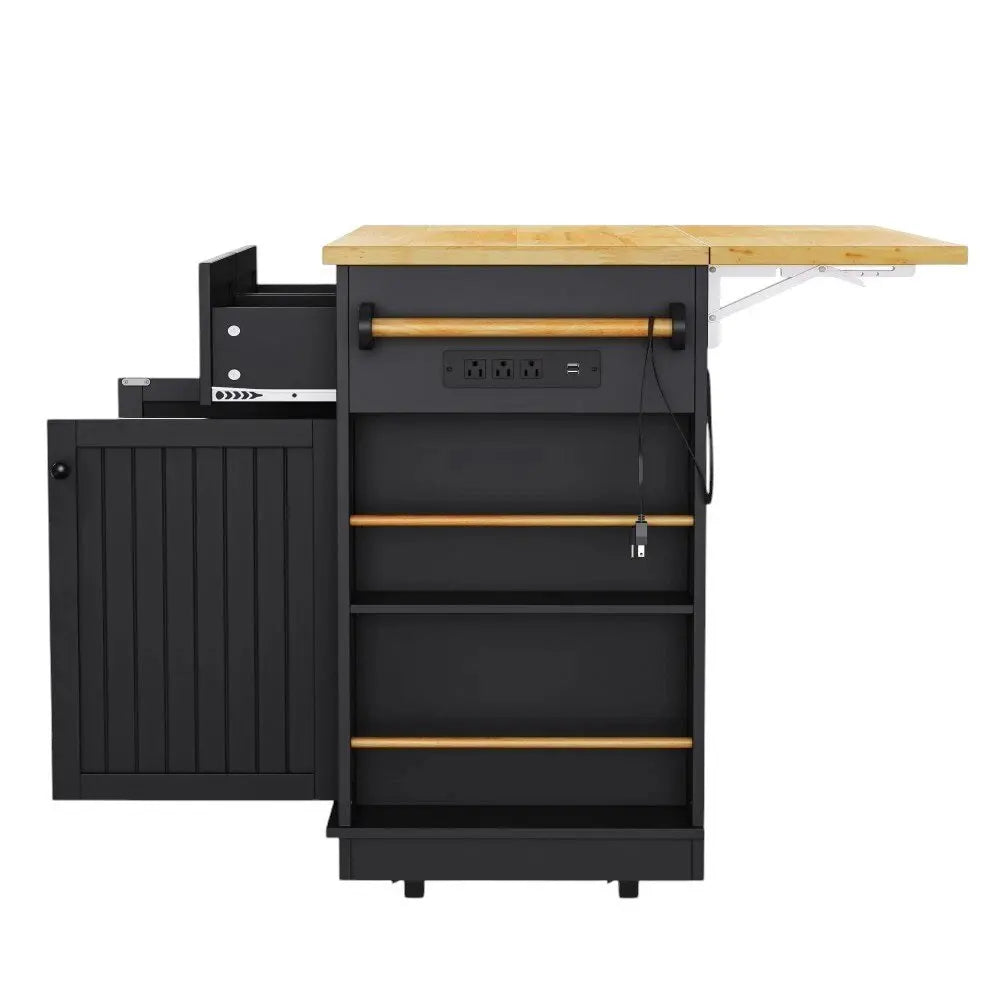 48" Black Wood Barn Door Rolling Kitchen Island With Storage With USB - NOVA HOME FURNITURE