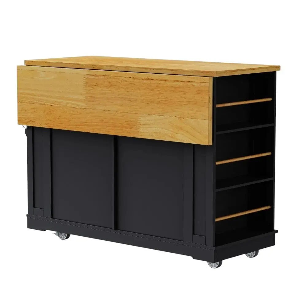48" Black Wood Barn Door Rolling Kitchen Island With Storage With USB - NOVA HOME FURNITURE