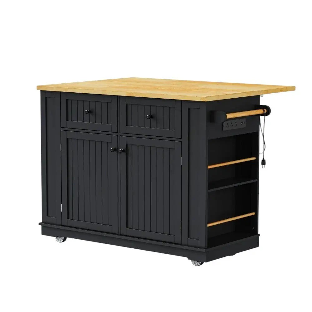 48" Black Wood Barn Door Rolling Kitchen Island With Storage With USB - NOVA HOME FURNITURE