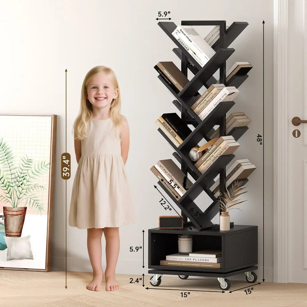 48" Black Wood Sixteen Tier Etagere Bookcase with A Drawer - NOBLE HOME INTERIORS