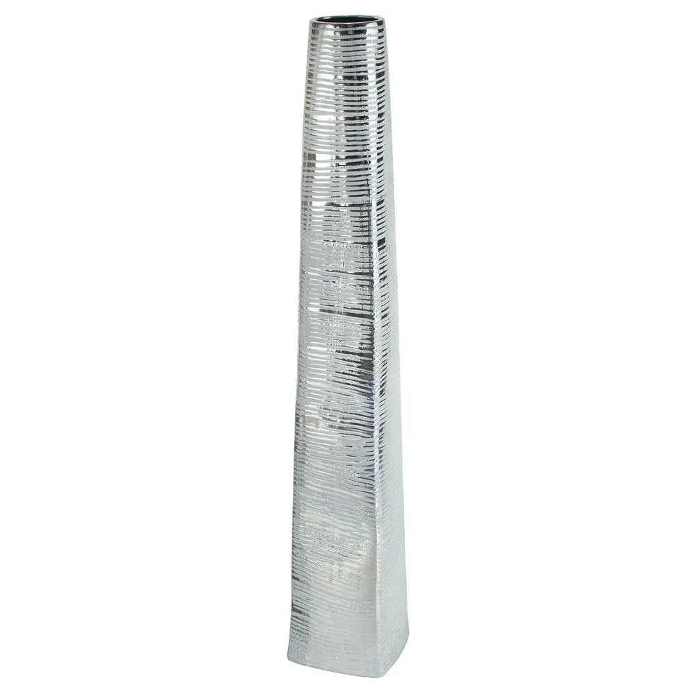 48" Silver Striped Tapered Ceramic Floor Vase - NOBLE HOME INTERIORS