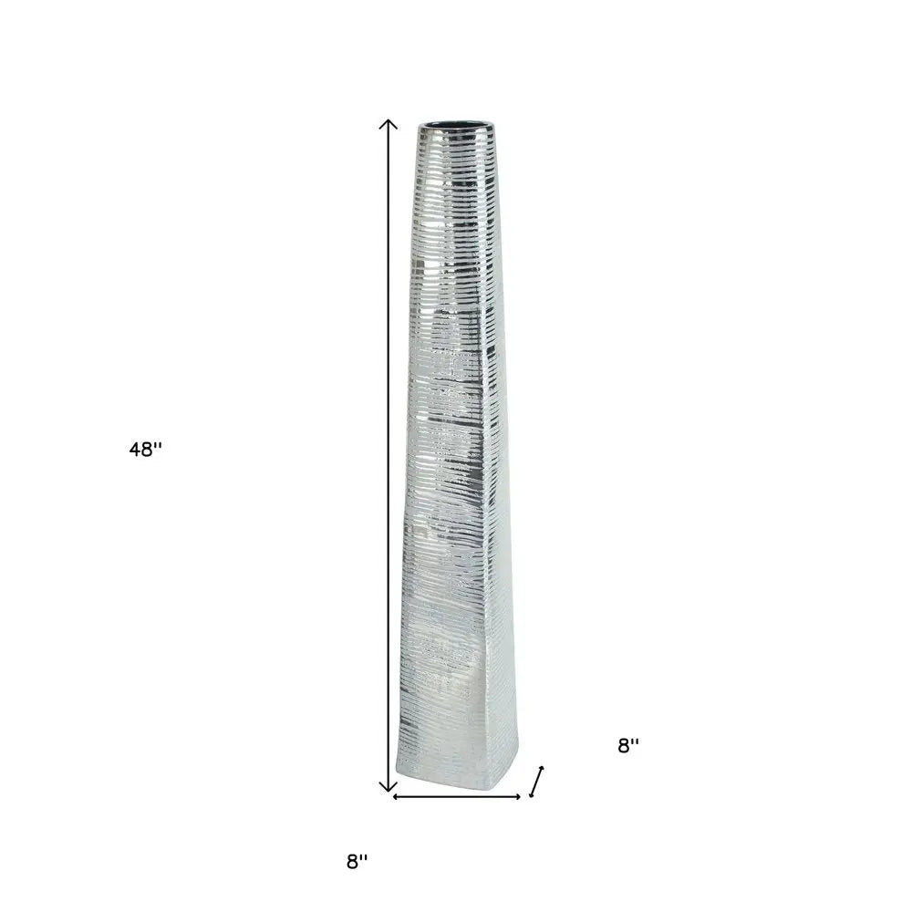 48" Silver Striped Tapered Ceramic Floor Vase - NOBLE HOME INTERIORS