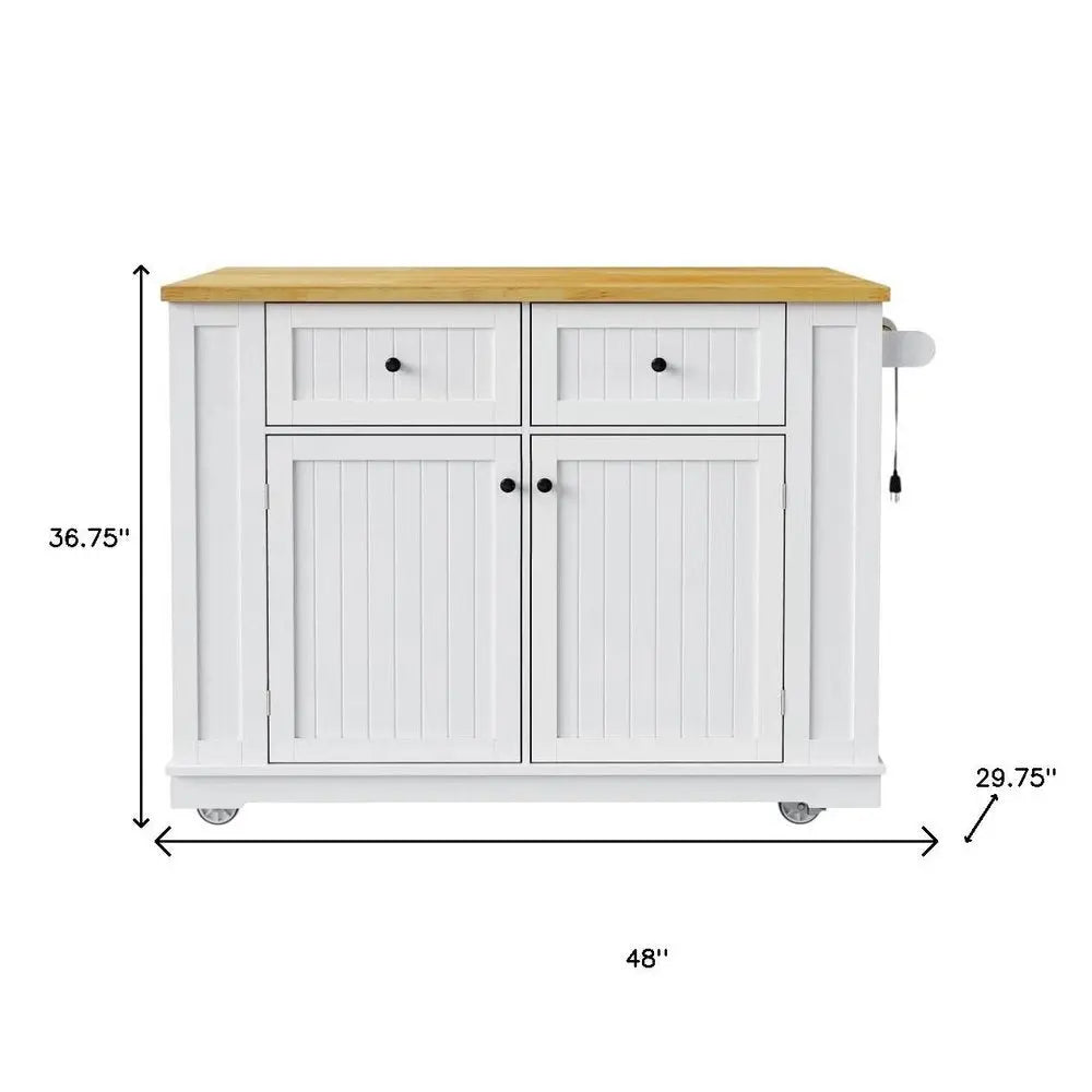 48" White Wood Barn Door Rolling Kitchen Island With Storage With USB - NOVA HOME FURNITURE