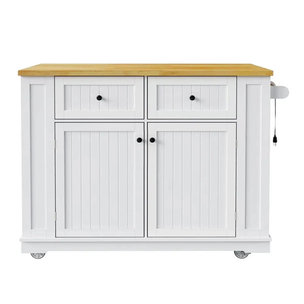 48" White Wood Barn Door Rolling Kitchen Island With Storage With USB - NOVA HOME FURNITURE