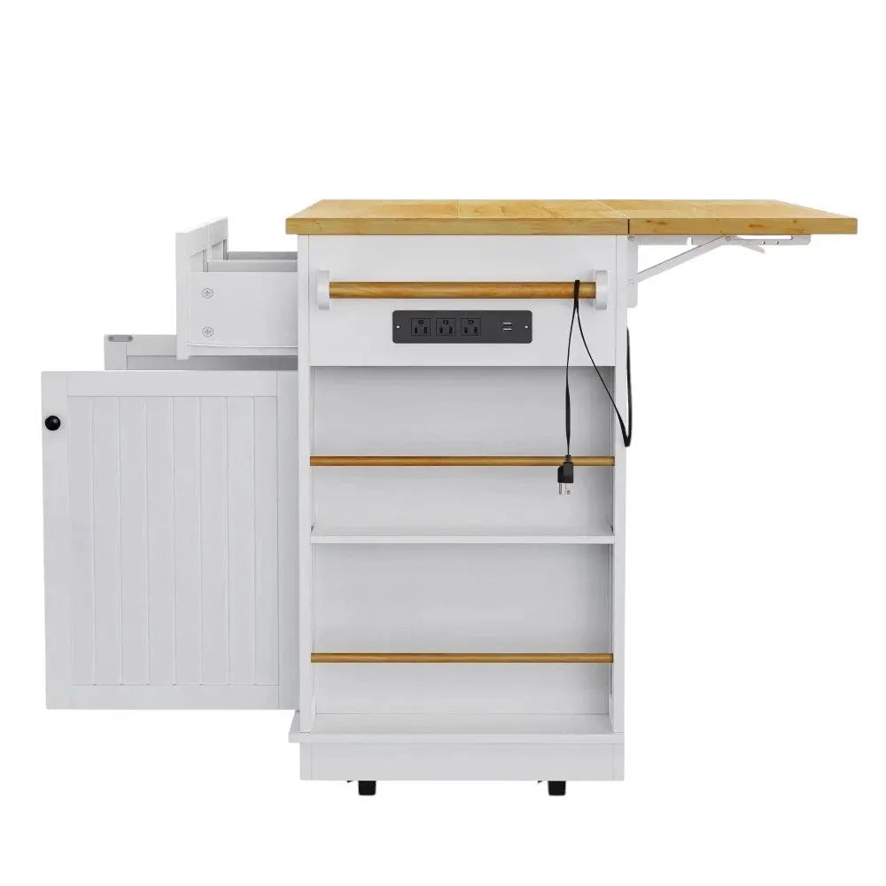 48" White Wood Barn Door Rolling Kitchen Island With Storage With USB - NOVA HOME FURNITURE