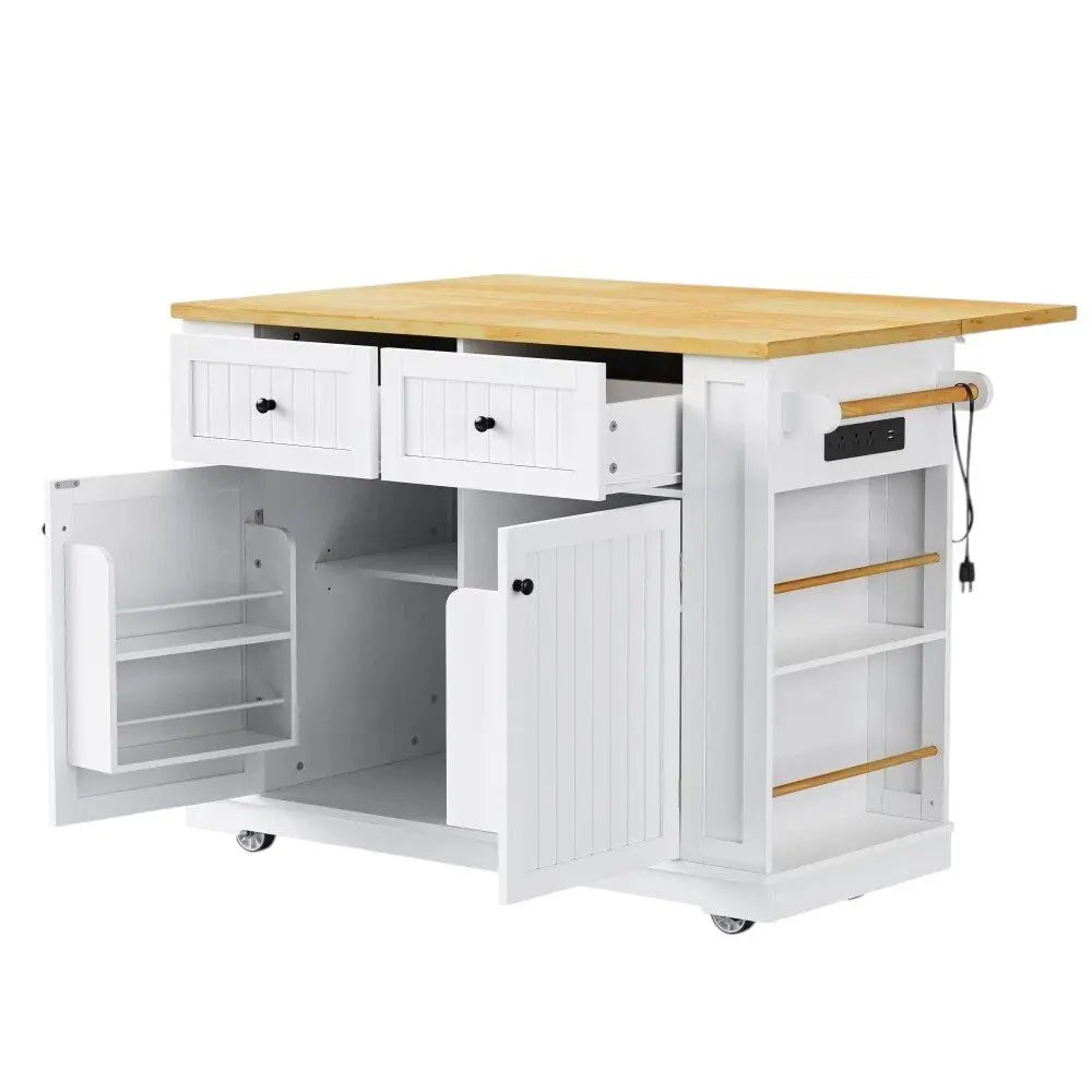48" White Wood Barn Door Rolling Kitchen Island With Storage With USB - NOVA HOME FURNITURE