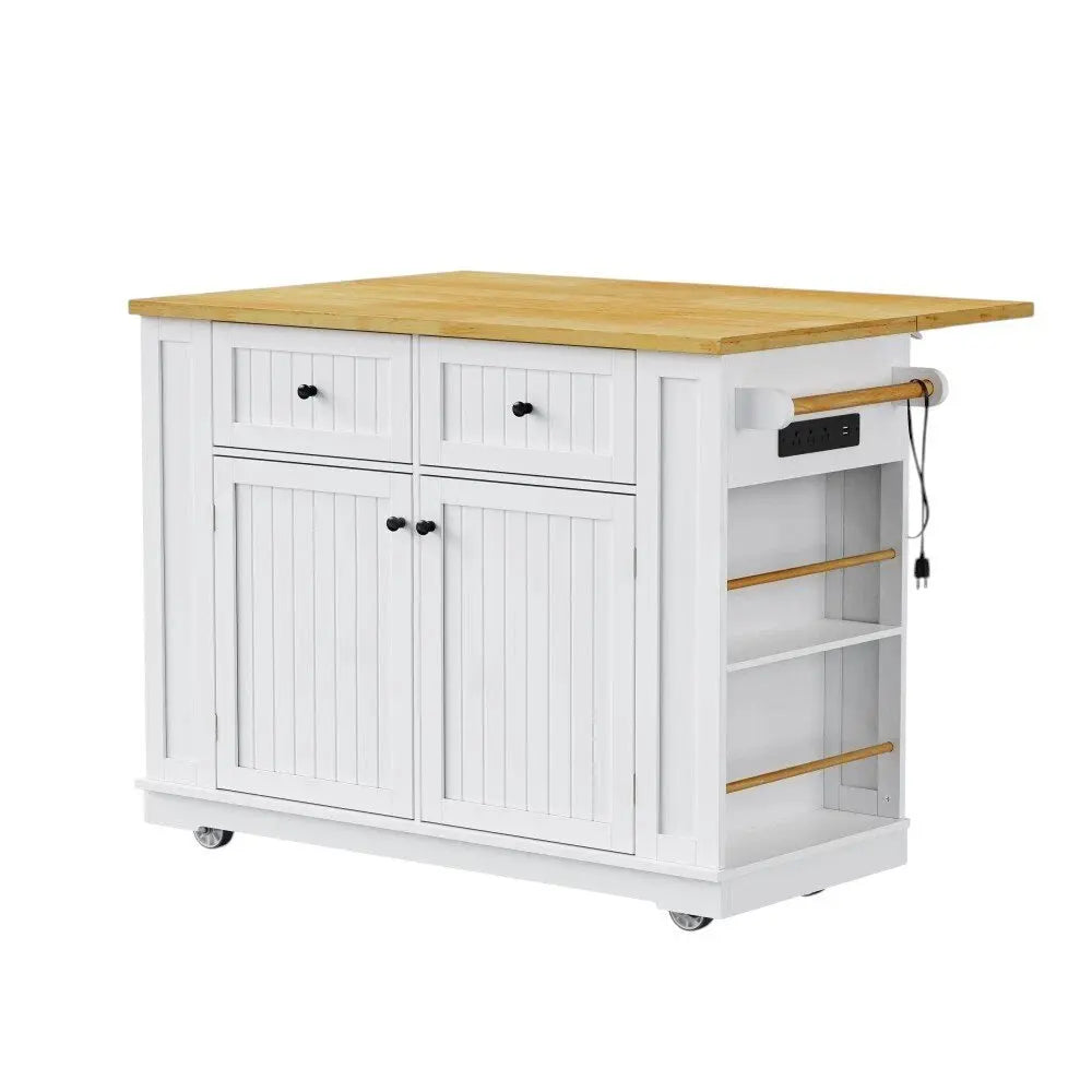 48" White Wood Barn Door Rolling Kitchen Island With Storage With USB - NOVA HOME FURNITURE