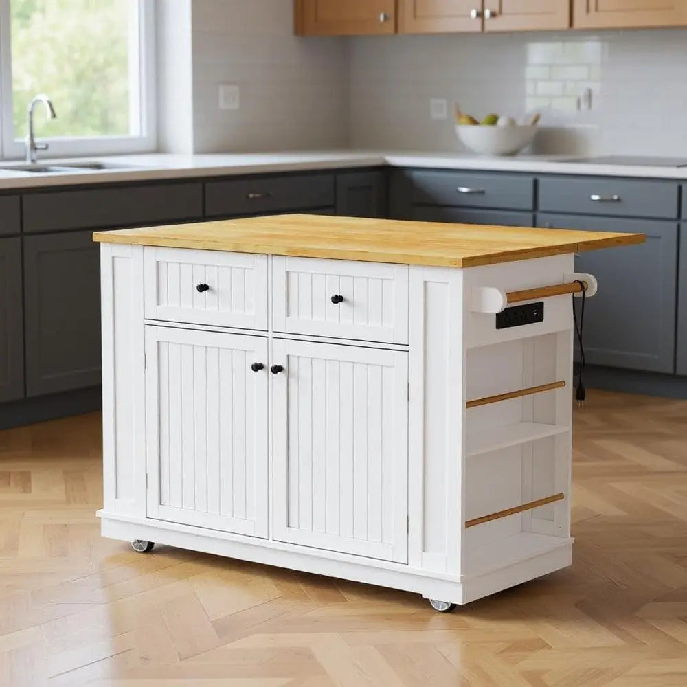 48" White Wood Barn Door Rolling Kitchen Island With Storage With USB - NOVA HOME FURNITURE