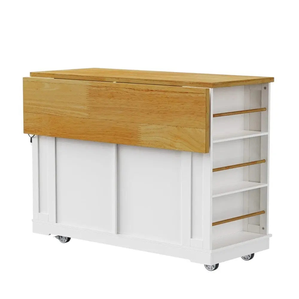 48" White Wood Barn Door Rolling Kitchen Island With Storage With USB - NOVA HOME FURNITURE