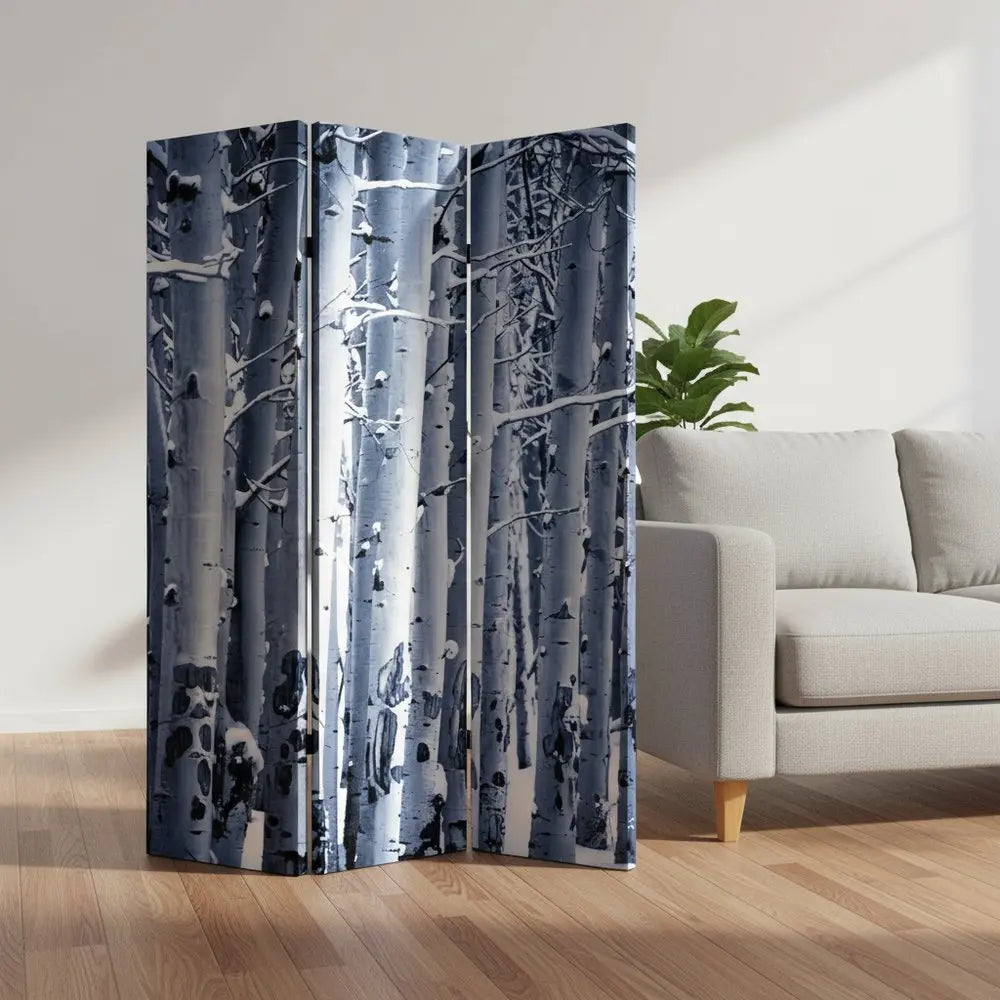 48" X 72" Gray And White Wood Canvas Birch Screen - NOBLE HOME INTERIORS