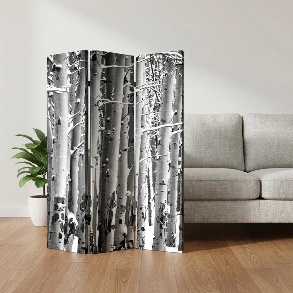 48" X 72" Gray And White Wood Canvas Birch Screen - NOBLE HOME INTERIORS