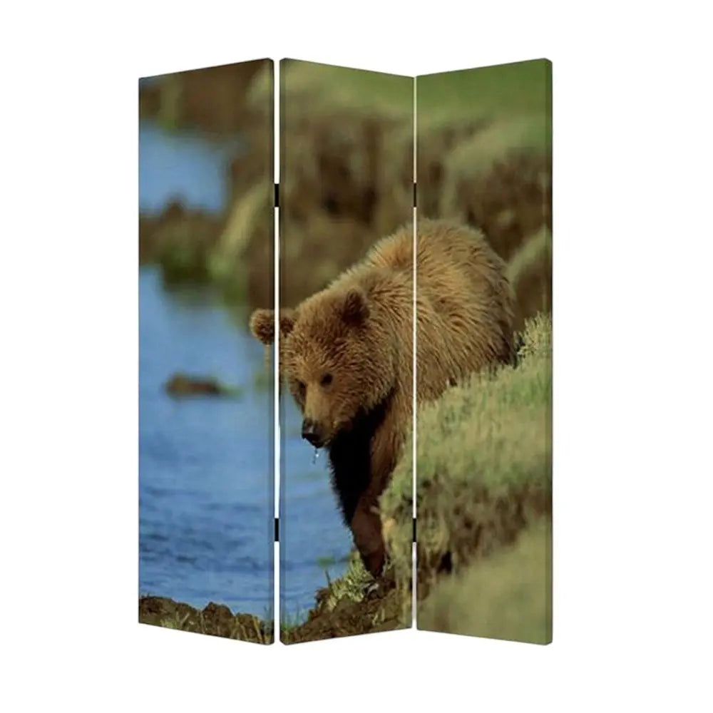 48" X 72" Multi Color Wood Canvas Bear Screen - NOBLE HOME INTERIORS