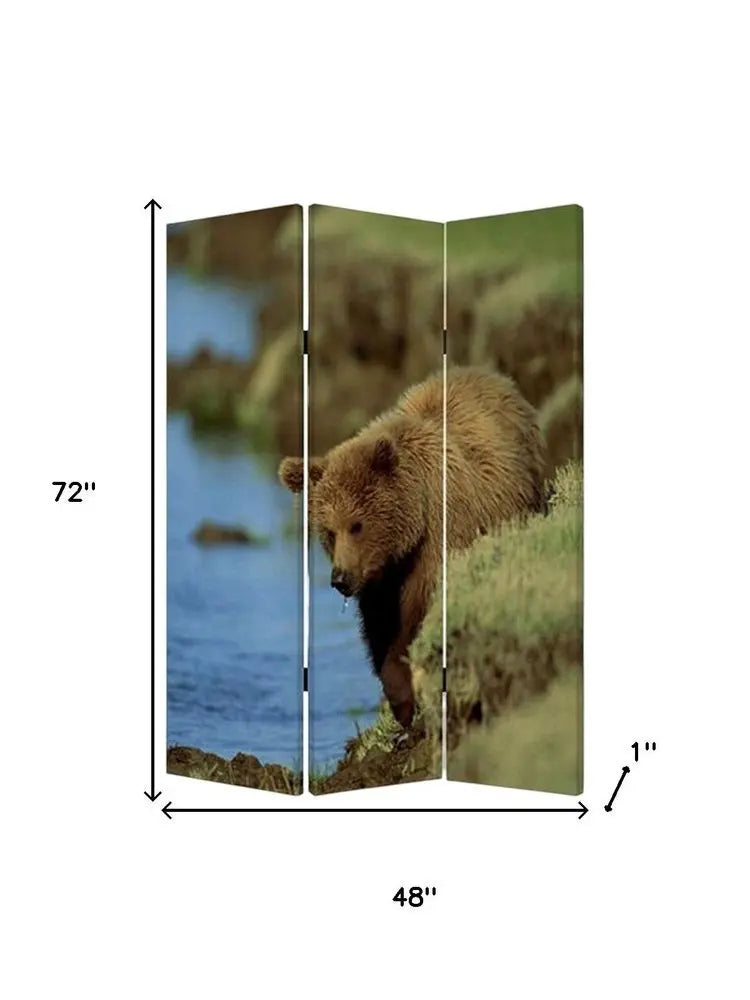 48" X 72" Multi Color Wood Canvas Bear Screen - NOBLE HOME INTERIORS