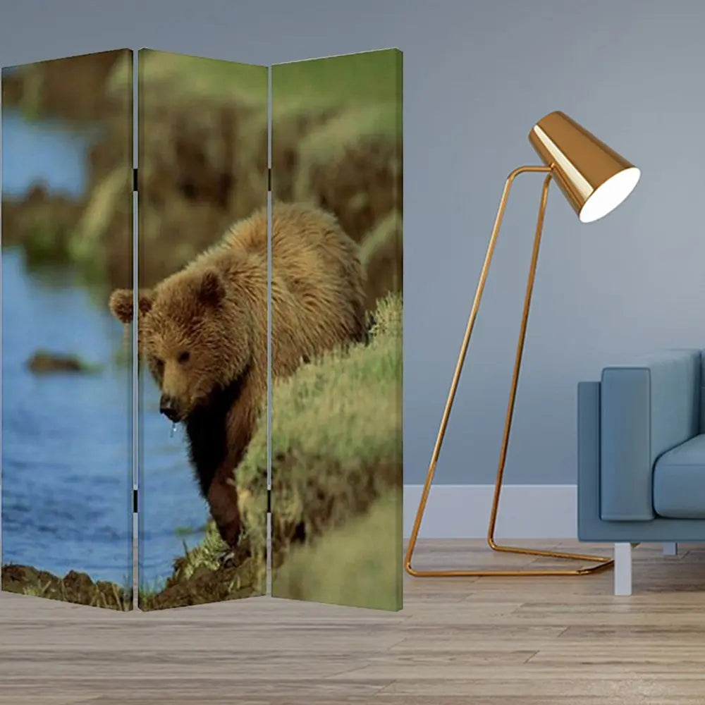 48" X 72" Multi Color Wood Canvas Bear Screen - NOBLE HOME INTERIORS