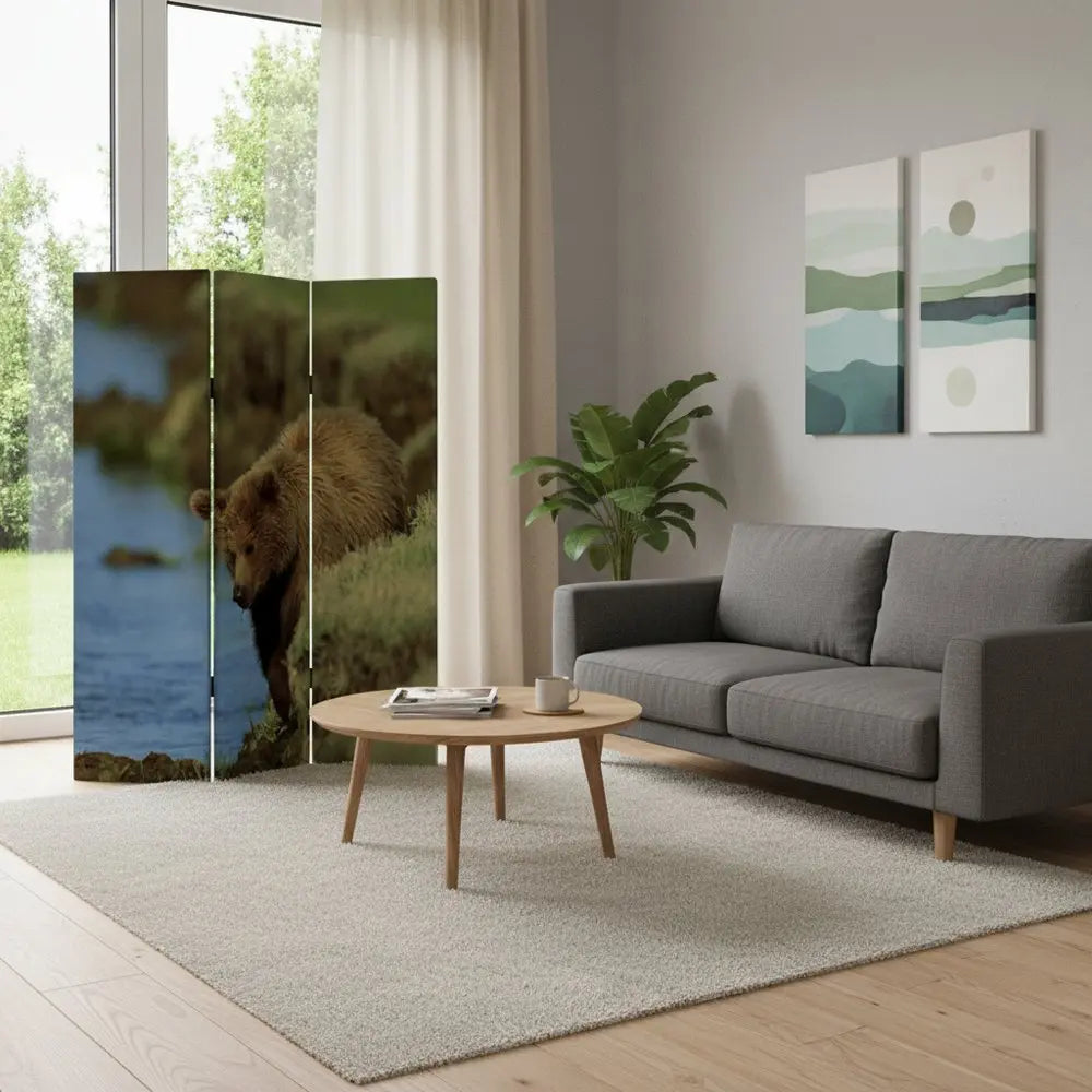 48" X 72" Multi Color Wood Canvas Bear Screen - NOBLE HOME INTERIORS