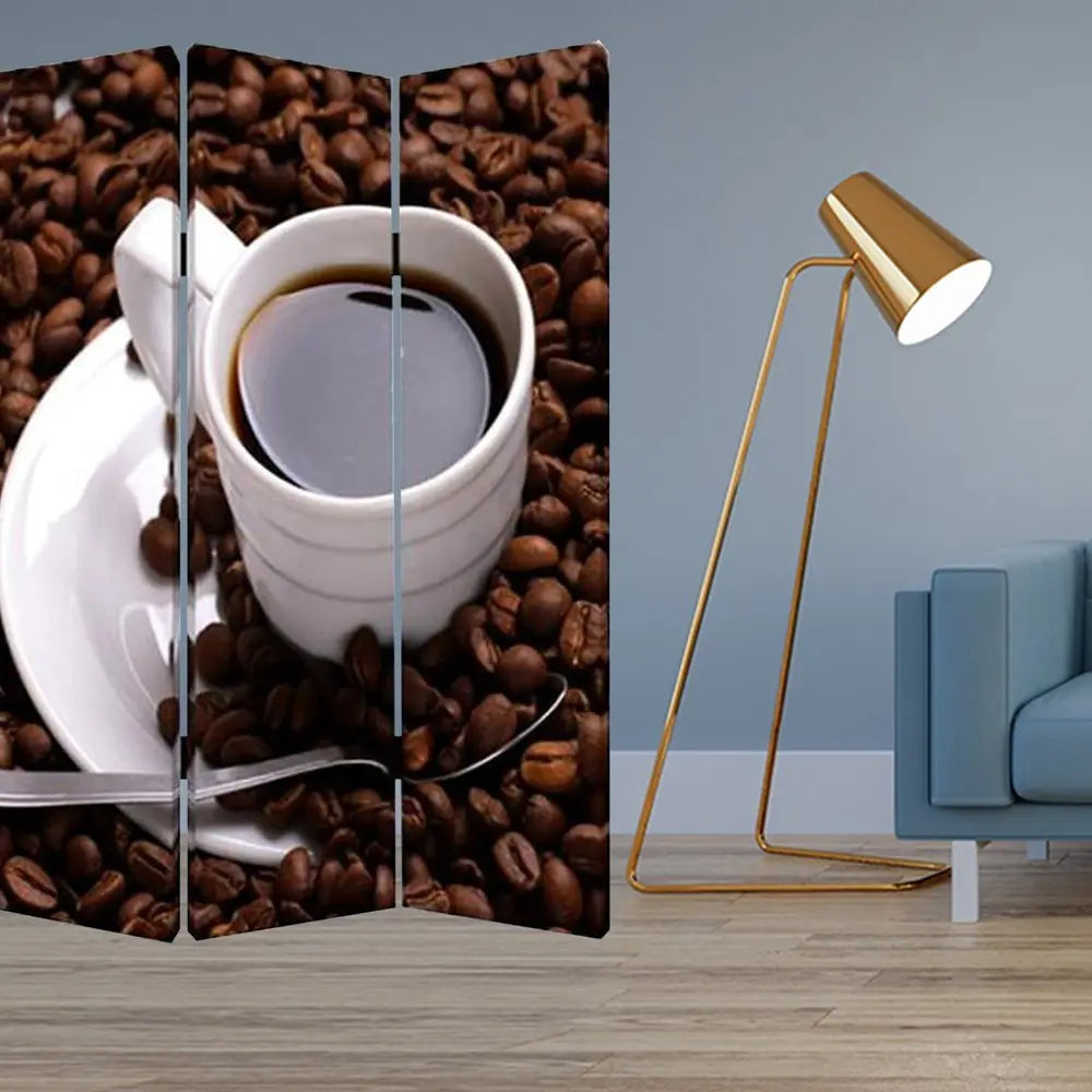 48" X 72" Multi Color Wood Canvas Coffee Time Screen - NOBLE HOME INTERIORS