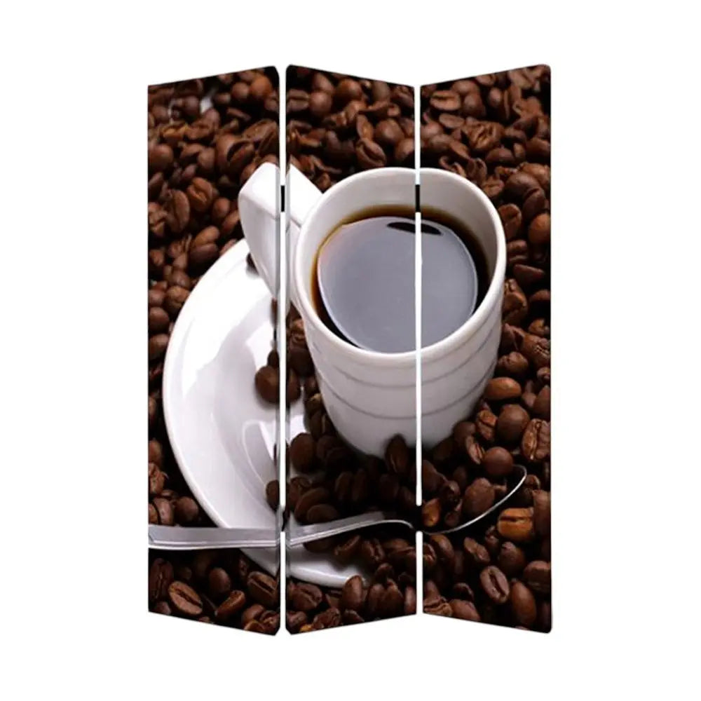 48" X 72" Multi Color Wood Canvas Coffee Time Screen - NOBLE HOME INTERIORS