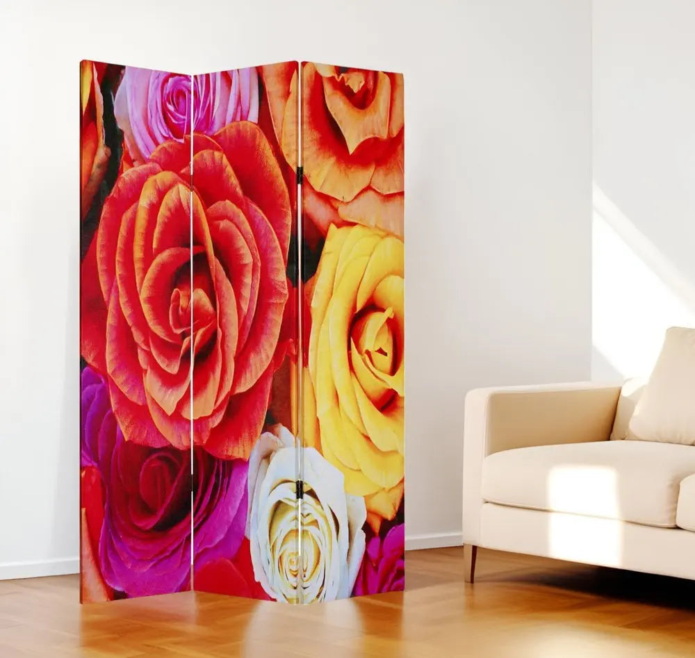 48 X 72 Multi Color Wood Canvas Daisy And Rose Screen - NOBLE HOME INTERIORS