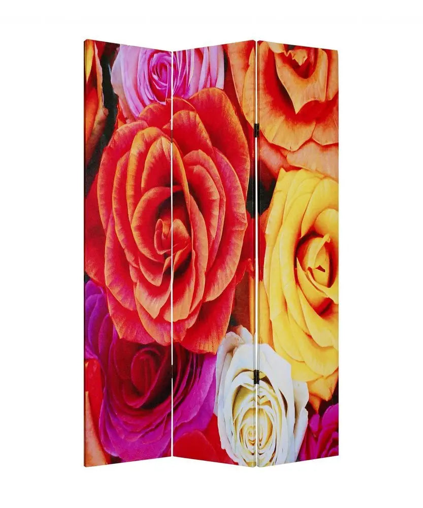 48 X 72 Multi Color Wood Canvas Daisy And Rose Screen - NOBLE HOME INTERIORS