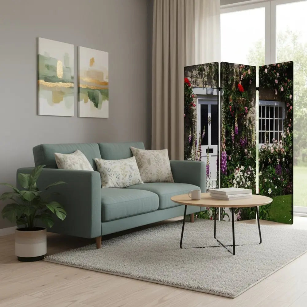 48" X 72" Multi Color Wood Canvas English Garden Screen - NOBLE HOME INTERIORS