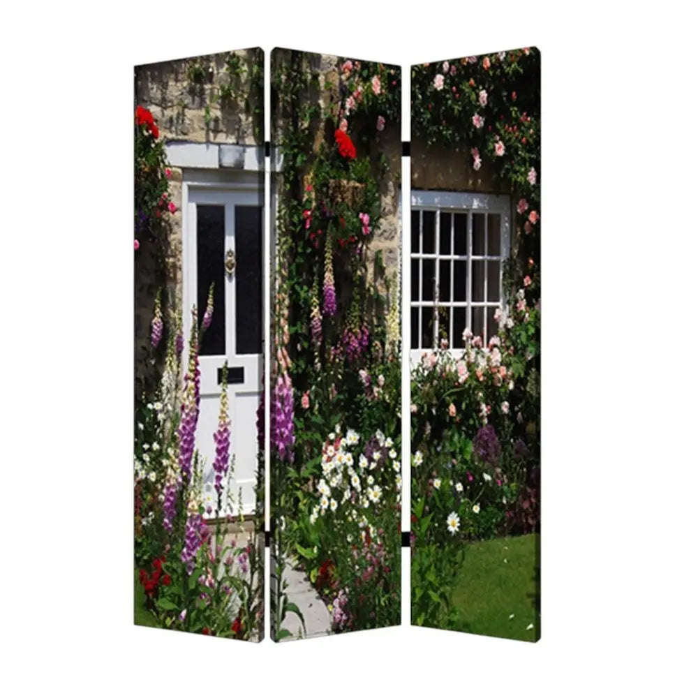 48" X 72" Multi Color Wood Canvas English Garden Screen - NOBLE HOME INTERIORS