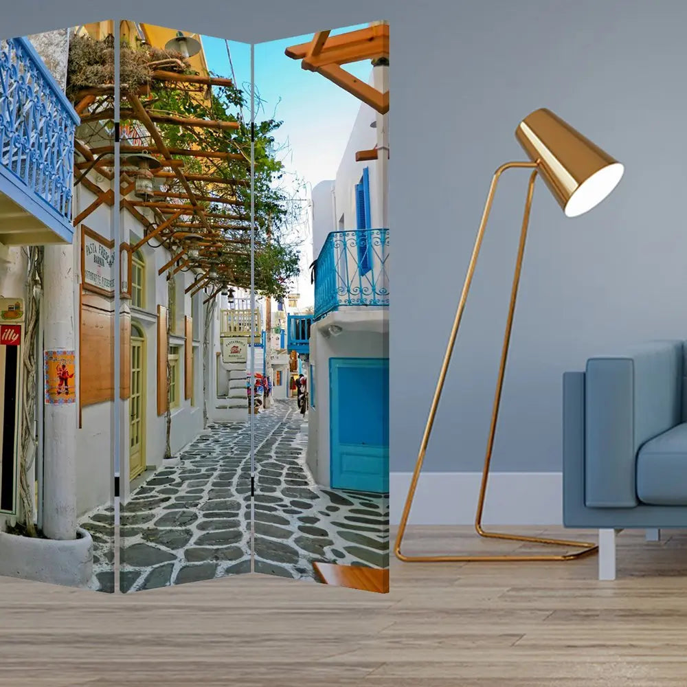 48" X 72" Multi Color Wood Canvas Greece Screen - NOBLE HOME INTERIORS