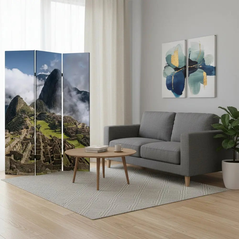 48" X 72" Multi Color Wood Canvas Machu Picchu Screen - NOBLE HOME INTERIORS
