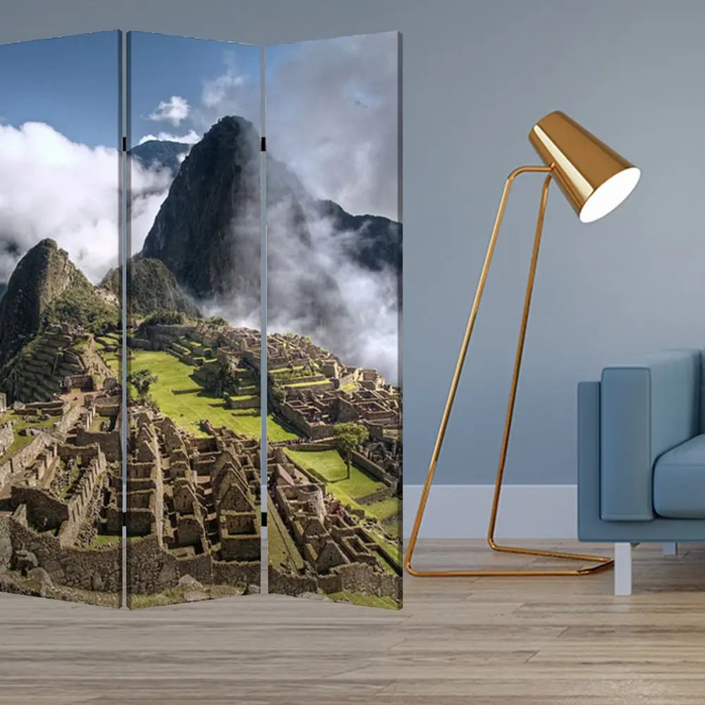 48" X 72" Multi Color Wood Canvas Machu Picchu Screen - NOBLE HOME INTERIORS