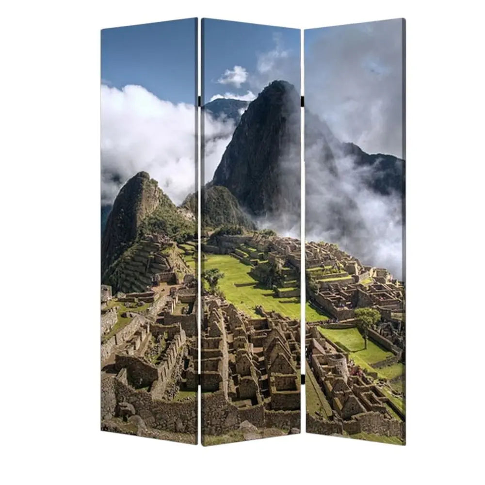 48" X 72" Multi Color Wood Canvas Machu Picchu Screen - NOBLE HOME INTERIORS