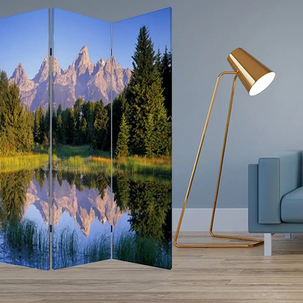 48 X 72 Multi Color Wood Canvas Mountain Peaks Screen - NOBLE HOME INTERIORS