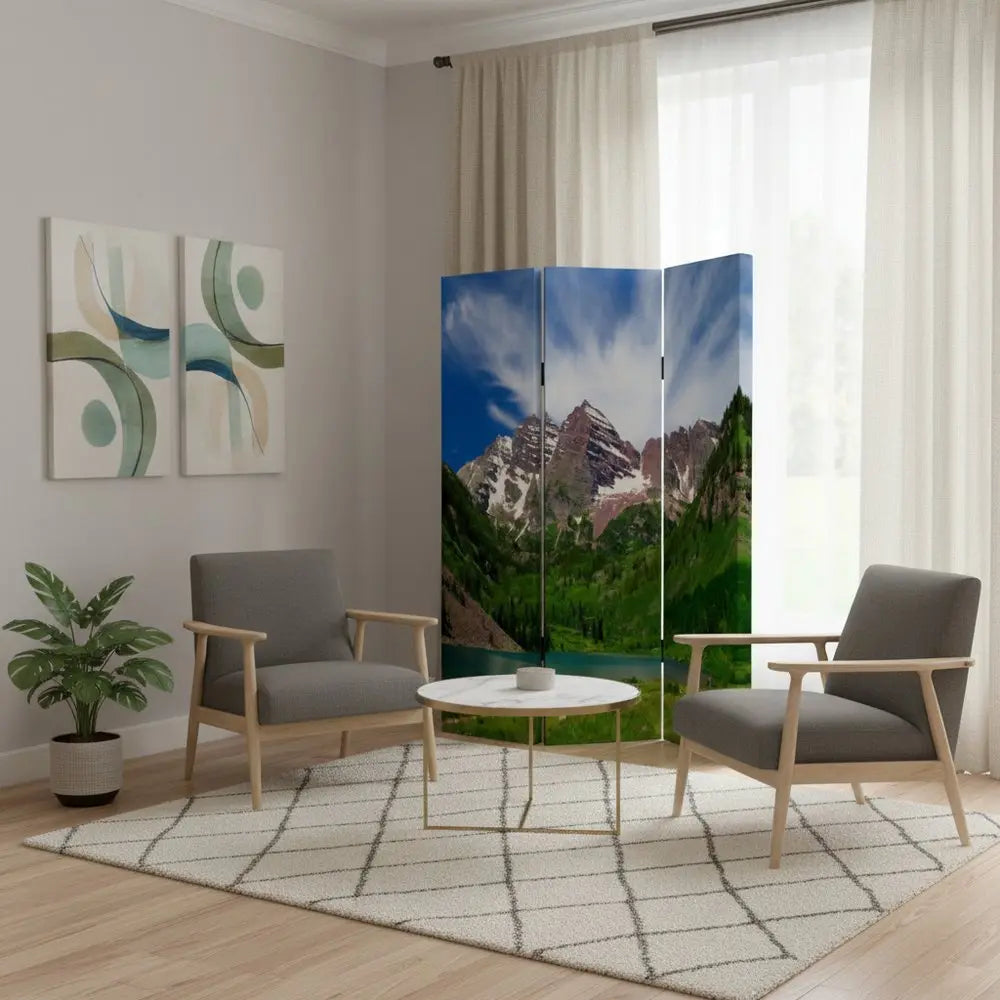 48 X 72 Multi Color Wood Canvas Mountain Peaks Screen - NOBLE HOME INTERIORS