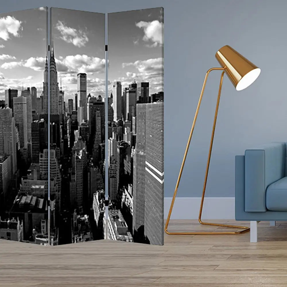 48" X 72" Multi Color Wood Canvas New York Skyline Screen - NOBLE HOME INTERIORS