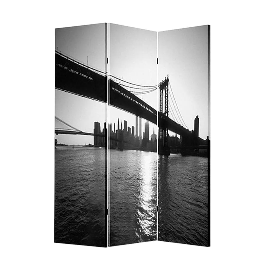 48" X 72" Multi Color Wood Canvas New York Skyline Screen - NOBLE HOME INTERIORS
