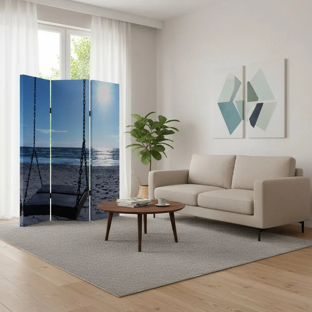 48" X 72" Multi Color Wood Canvas Seaside Serenity Screen - NOBLE HOME INTERIORS