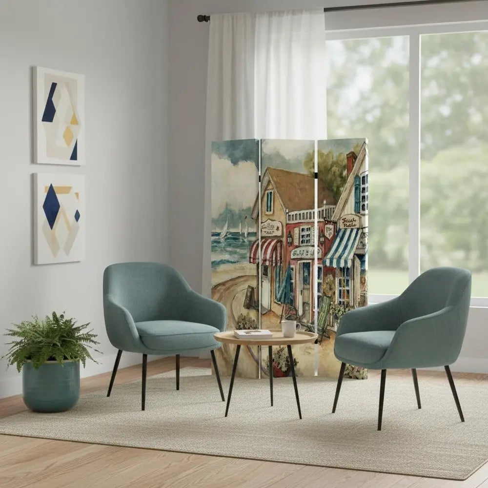 48 X 72 Multi Color Wood Canvas Seaside Town Slate Screen - NOBLE HOME INTERIORS