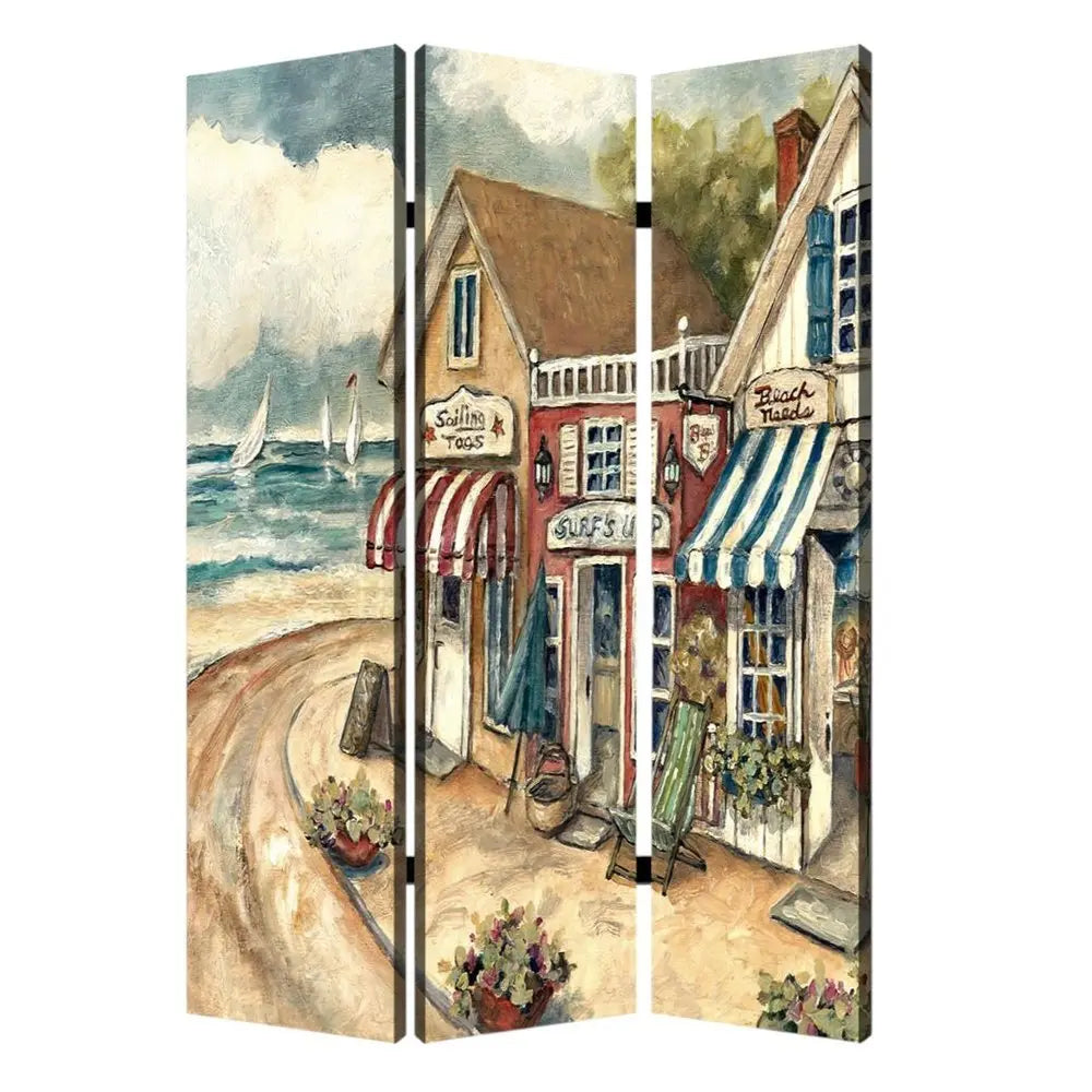 48 X 72 Multi Color Wood Canvas Seaside Town Slate Screen - NOBLE HOME INTERIORS