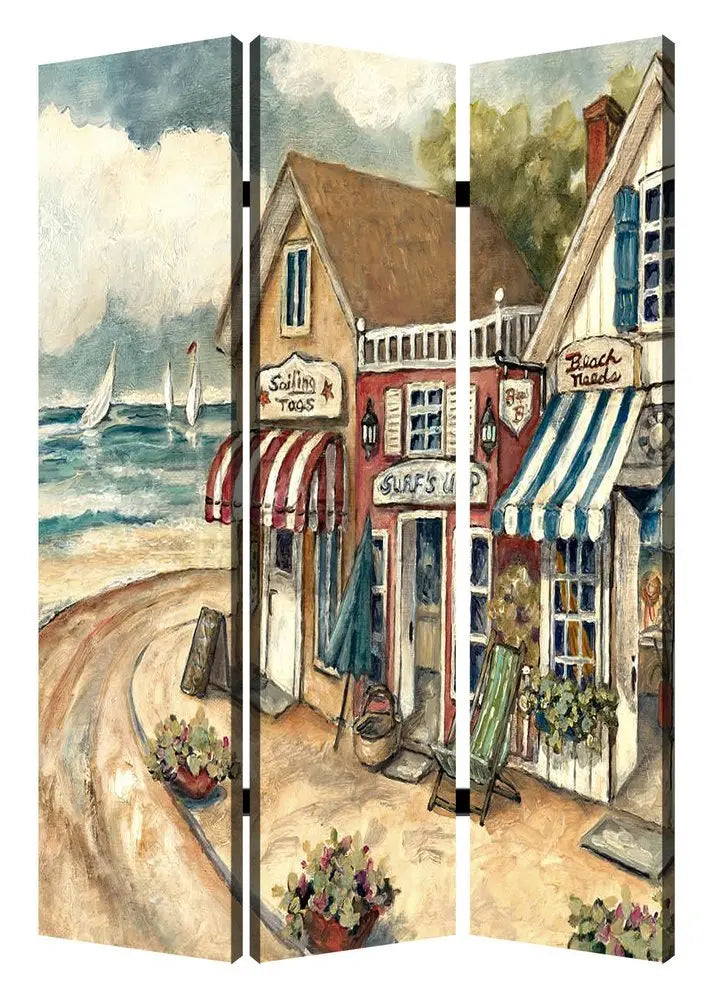 48 X 72 Multi Color Wood Canvas Seaside Town Slate Screen - NOBLE HOME INTERIORS